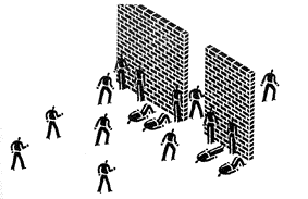 Zombies and the pattern of their arrivals on the far side of a wall.